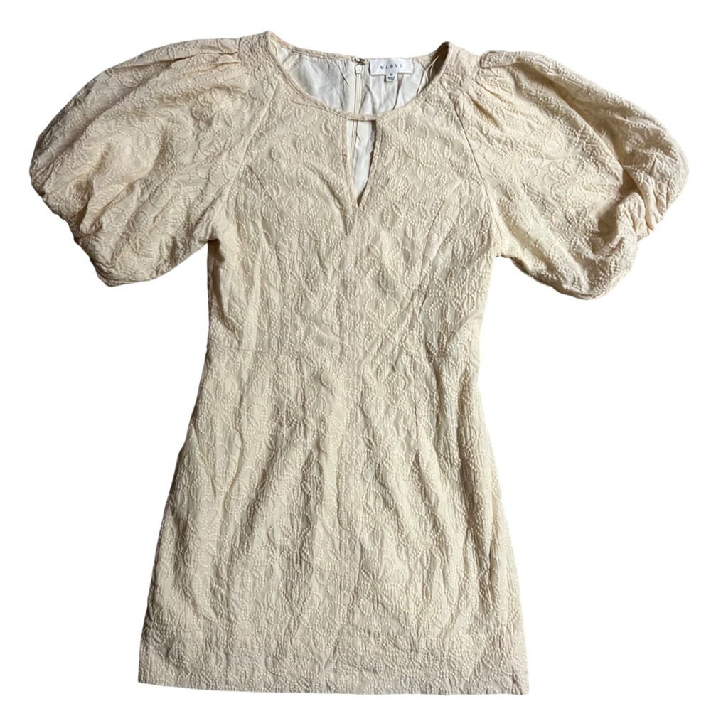 Mable Cream Floral Textured Puff Sleeve Keyhole Mini Dress MD3953 Womens Small